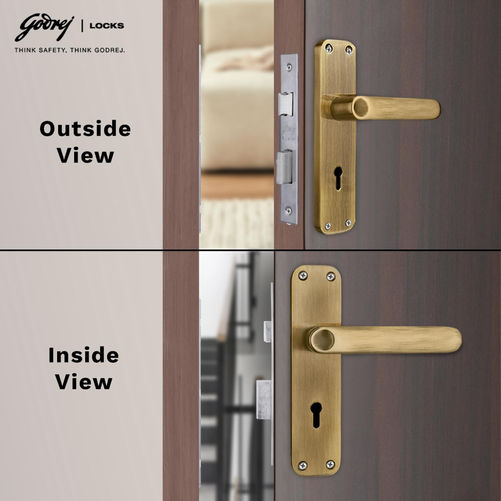 Godrej  Mortise Door Lock | Handle Set | ELC 09 | 6 Lever Locking Mechanism | Reversible Latch | For Home and Office  | for Wooden Doors | Antique Brass Finish | 5 Year Warranty